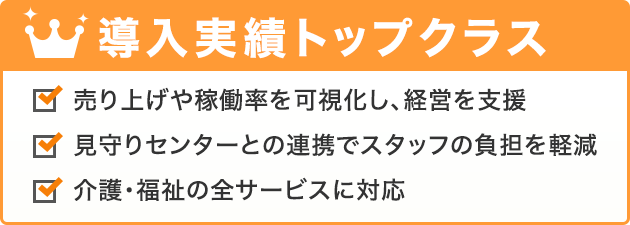 導入実績トップクラス 売り上げや稼働率を可視化し、経営を支援 / 見守りセンターとの連携でスタッフの負担を軽減 / 介護・福祉の全サービスに対応