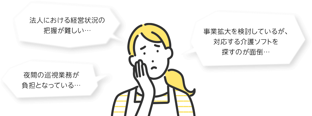 法人における経営状況の把握が難しい… / 夜間の巡視業務が負担となっている… / 事業拡大を検討しているが、対応する介護ソフトを探すのが面倒…