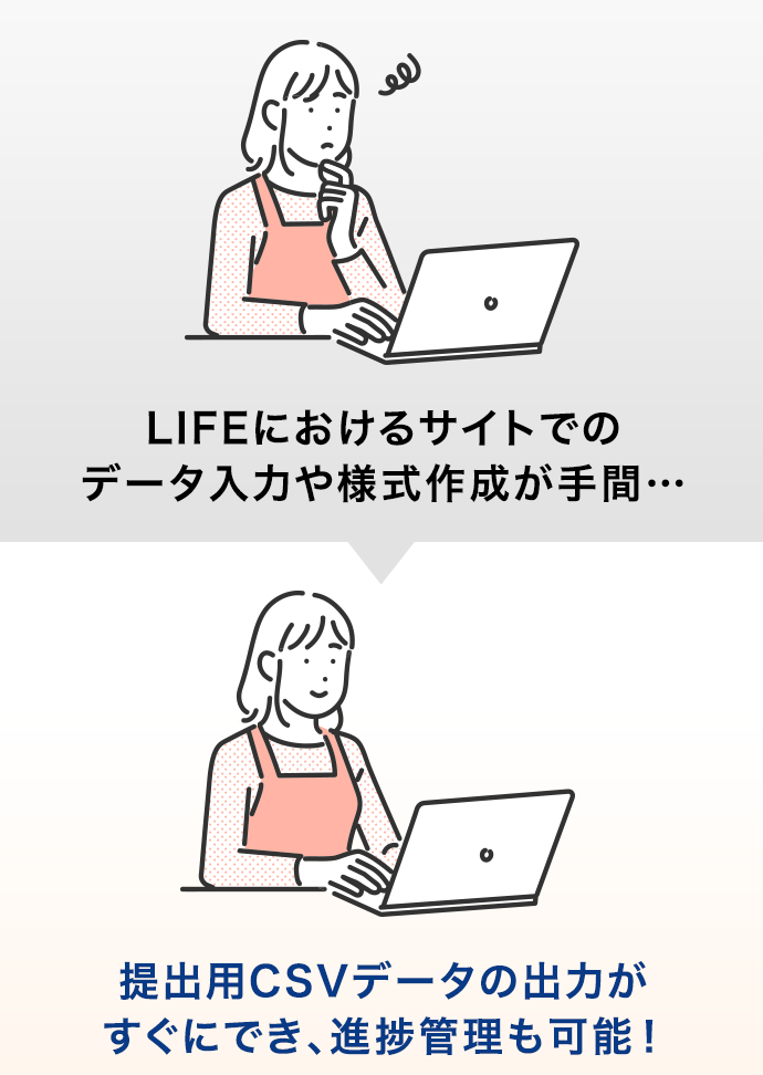 LIFEにおけるサイトでのデータ入力や様式作成が手間… / 提出用CSVデータの出力がすぐにでき、進捗管理も可能！